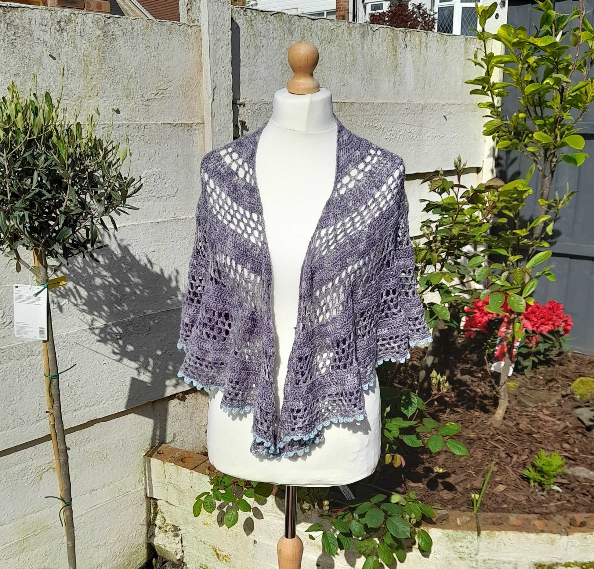 Daphne shawl. Half circle lace crochet shawl. Eden Cottage Yarns Nateby 4ply in Thunder