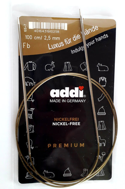 Image shows lightweight aluminium knitting needles. They are made by addi and are called turbo fixed circular knitting needles. 
