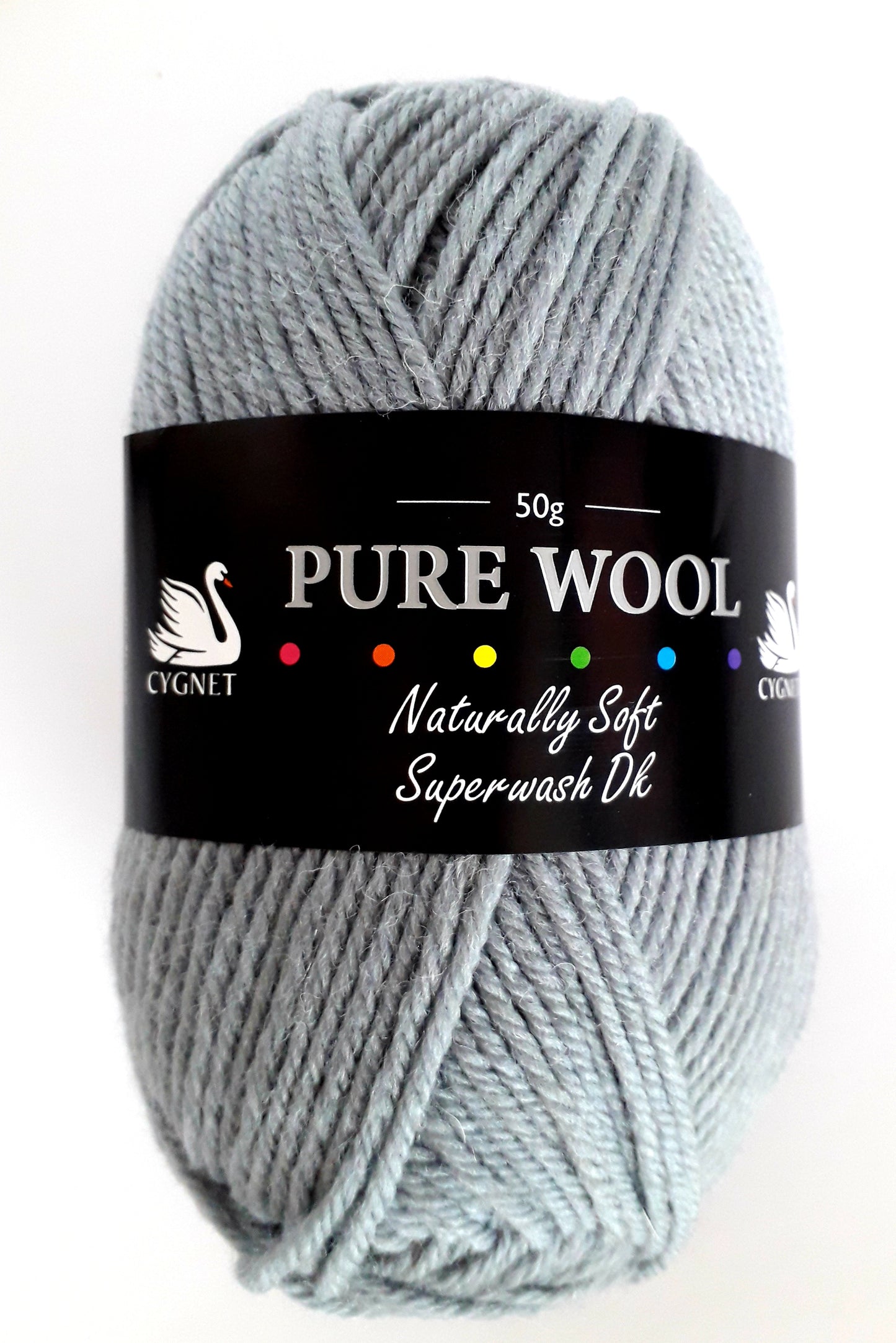 A ball of wool that is grey in colour and has a cygnet yarns ball band