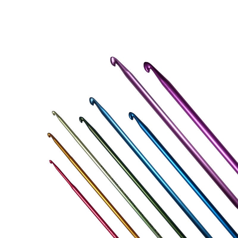 8 crochet hooks. Each hook is a different colour to show the size. 