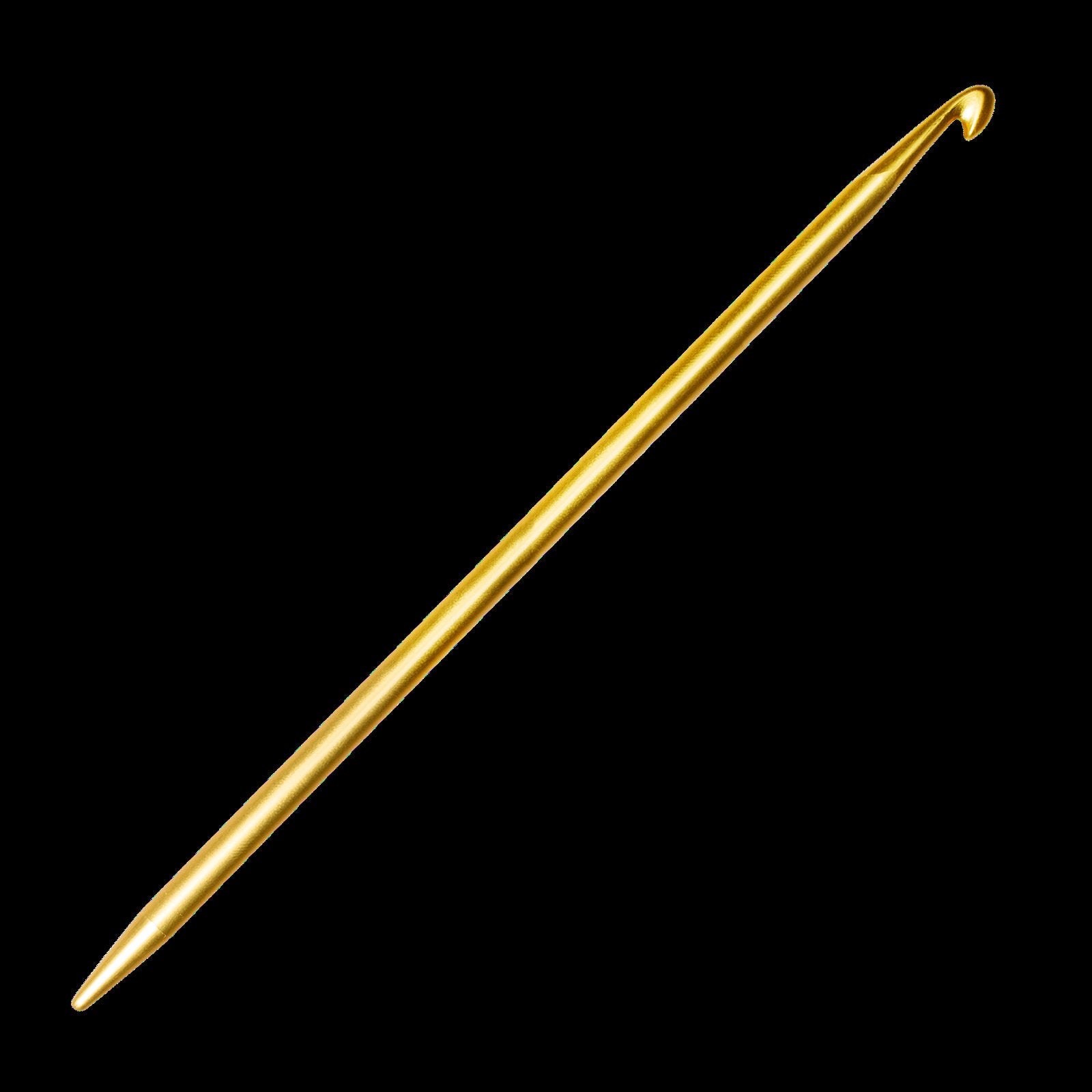 Long shot of the gold coloured pointed tip crochet hook from Addi. It has a tip like a knitting needle. 