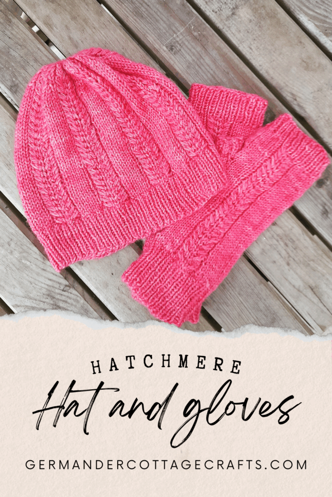Hatchmere fingerless gloves and cable knit hat. Free pattern for winter hat ans fingerless mitts.
