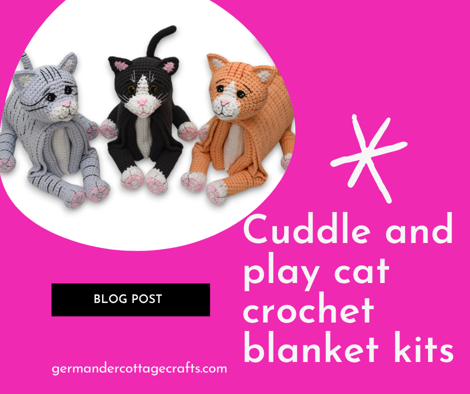 Cuddle and play crochet cat blanket kit. Crochet kits for baby gifts.